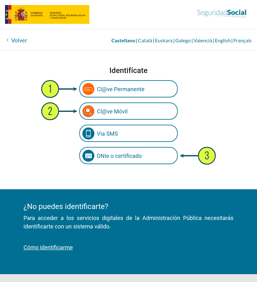 Acceso de la Seguridad Social con flechas: ① Cl@ve Permanente, ② Cl@ve Móvil y ③ DNIe o certificado. Vía SMS aparece sin marcar.