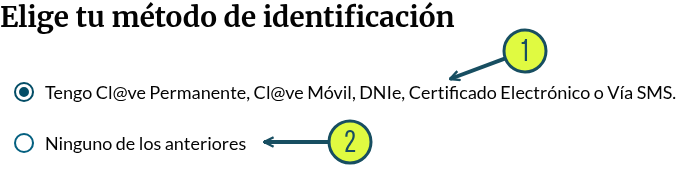 Selector de Import@ss con flechas: ① identificación electrónica y ② «Ninguno de los anteriores».